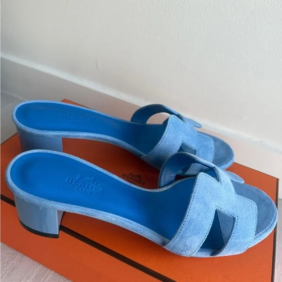Hermes Bleu Cameo Oasis Sandals Velvet Goat size 37 - Picture 3 of 12